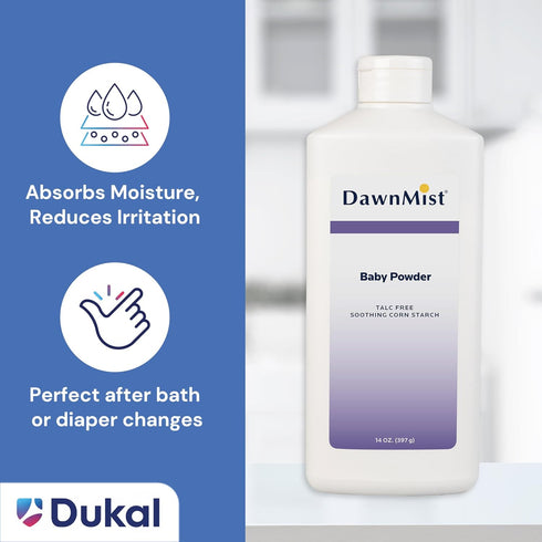14 oz Pack 2 Dukal DawnMist Cornstarch Baby Powder of | Gentle, Talc-Free Formula for Baby & Adult Use, Soothes