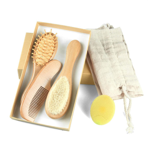Baby Hair Brush and Comb Set (4-Piece) - Wooden Beechwood Brush Set for Newborn