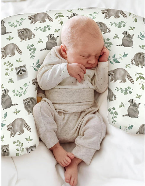 Watercolor Raccoon Baby Nursing Pillow Covers for Boy Girl Raccoons Green Leaves Nursery Pillowcase for Breastfeeding