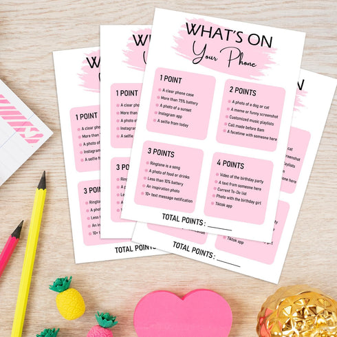 Birthday Party Game - What's On Your Phone, Set of 20 Cards for Girl Birthday Activity Supplies and Decorations
