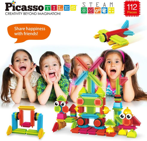 Picasso Toys 112pcs Hedgehog Blocks - STEM Building Tiles Set for Construction Learning, Creativity Beyond Imagination
