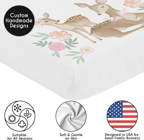 Sweet Jojo Designs Fitted Baby Crib Sheets (Woodland Deer Floral) for Girls, Infant Nursery, Toddler Room - Standard