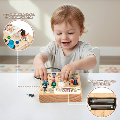 1-3,Montessori 1 2 3 LED Busy Board for Toddlers Toy with Key Switch, Light Up Wood Activity Sensory Board for Fine