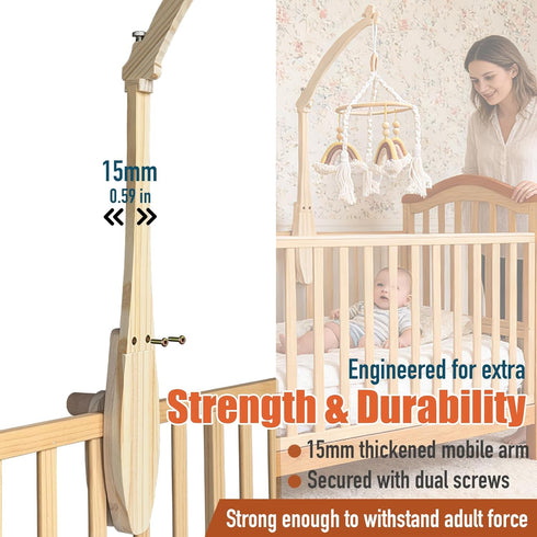Tuiiopoli 360 Baby Crib Mobile Arm - Double Wooden Screw Anti-Slip Reinforcement Hanger Crib Holder No Paint Rotatable