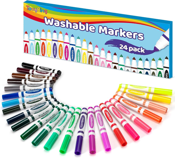 24 Color Washable Markers, Durable Broad Tip Markers for Kids, Back to School Classroom Art Supplies for Students