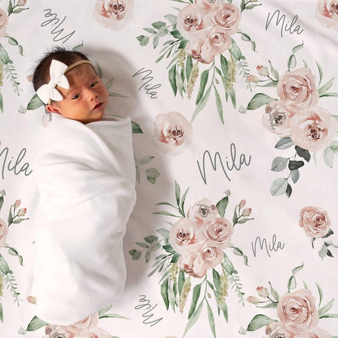 Stork Wares 30x40inch (BB339) Soft Floral Rose Personalized Baby Girl Swaddle Blanket, White