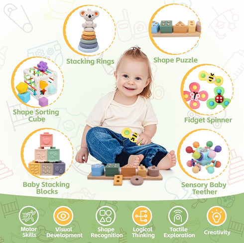 6-in-1 0-6 6-12 1-3, Set 6 YHHYTOY Montessori Baby Toys Months, Infant Teething Toys Soft Stacking Blocks Rings Shape