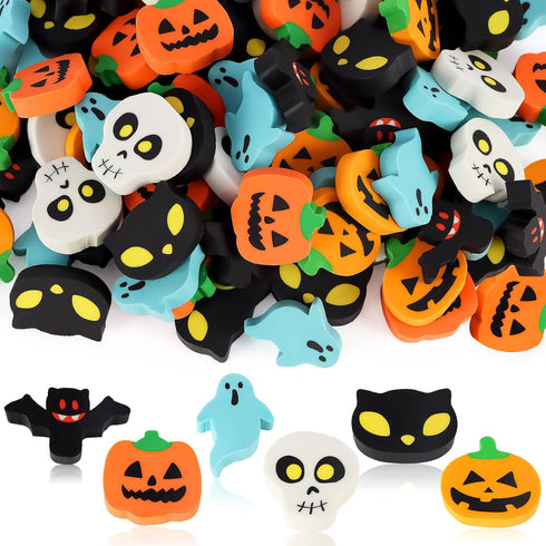 Halloween Erasers for Kids Bulk, 50 Pcs Large Pumpkin, Ghost, Skull, and Bat Erasers for Halloween Party Decoration