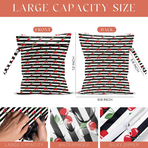 VBCVBGFH 4 Pack Cute Checkered Stripe Cherry Wet Bag Waterproof Washable Reusable Wet Dry Bag for Swimsuit Bathing