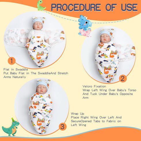 17-22 inch Reborn Baby Doll Clothes Swaddle Blanket Hat (Dinosaur Pattern) for Reborn Boy Baby Doll Clothing Adjustable