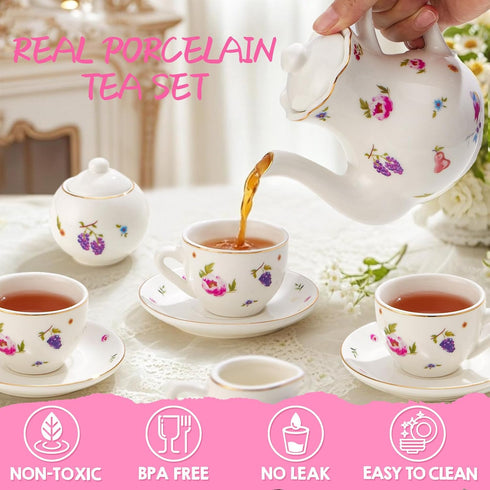 Set 3-8, Set TUZT Tea Party for Little Girls Ages White Floral Porcelain Tea with Gold Trim Edges, Princess Tea Time