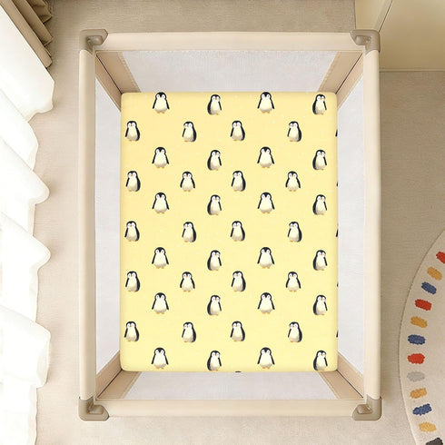 miaozhen 1 Pack 52x28 Cotton Crib Sheets for Baby Boys Girls Soft Comfy Cute Animal Penguin Pastel Yellow Toddler