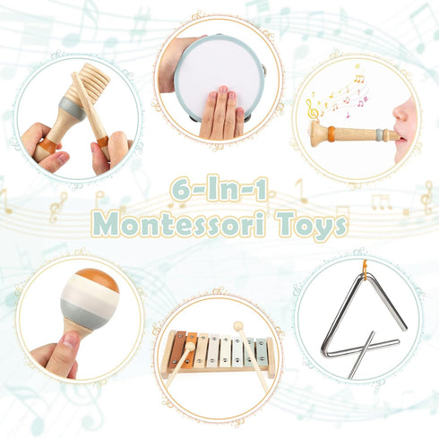 6 1 2 3 18+ Musical Instruments - in Wooden Musical Toys for Year Old Boy & Girls Birthday Gifts, Neutral Colors