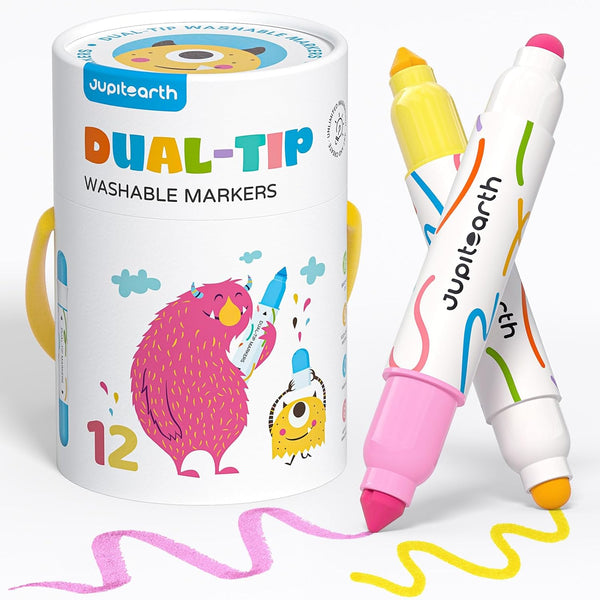 JUPITEARTH Washable Dual Tip Markers for Kids, Broad & Round Tip, Easy-Grip