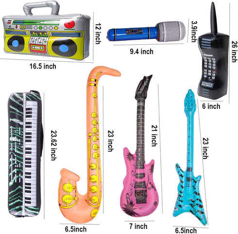 WedFeir Set, 7 Pack 80's 90's Inflatable Rock Star Toy Inflatable Boom Box Mobile Phone Guitar Bass Party Props