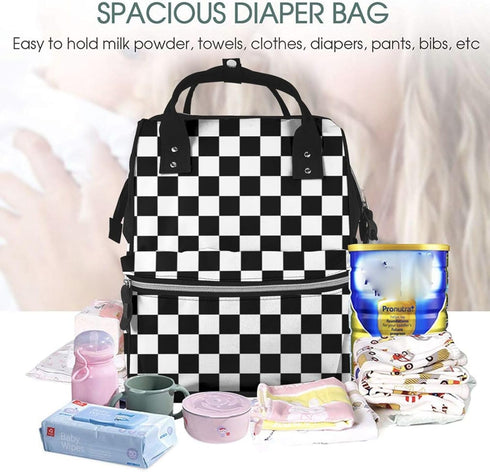 LYPZMET Backpack Black White Checkered Diaper Bag For Baby Girls, Mom Waterproof Large Nappy Bags For Women