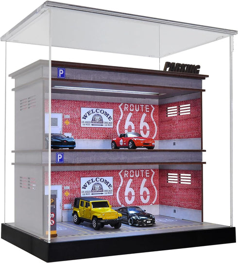 Display Case 1/64 Scale Diecast Parking Garage Model - 3-Tires with LED Light, 12 Parking Spaces, Full Acrylic Cover