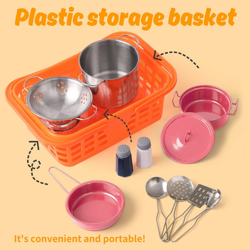 Kids Play Kitchen Toy Accessories Set, Colorful Stainless Steel Pots and Pans, Birthday Gifts for 3+ Girls Boys (Pink)