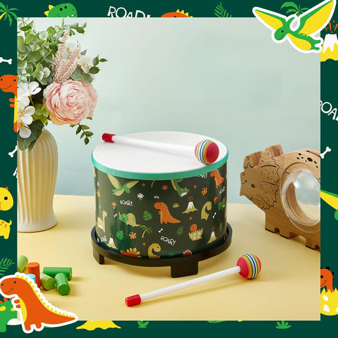 8'' 6.5'' 2 Boao Floor Tom Drum for Kids W x H Wooden Percussion Instrument Music Drum with Rainbow Mallets Dinosaur