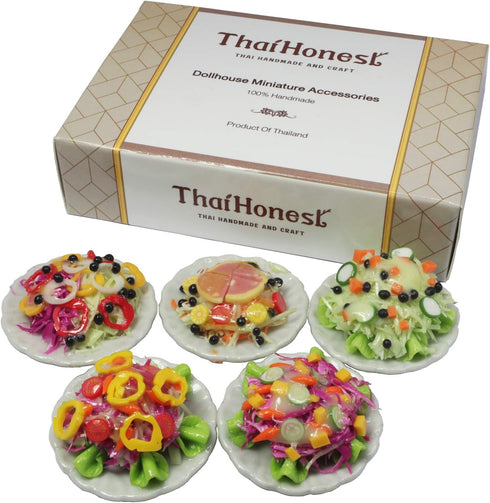 5 Assorted Salad with Plate for Dollhouse Miniature Food - 1:6 Scale Realistic Clay Food