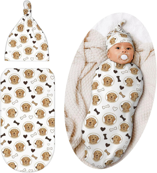Qwalnely Golden Retriever Swaddle Blanket with Hat for Baby, Dog Theme Swaddling Baby