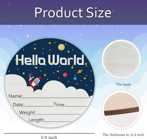 CLHHM 6" Hello World Birth Announcement Round Birch Wood Newborn Sign for Nursery Hospital & Baby Shower, Personalized