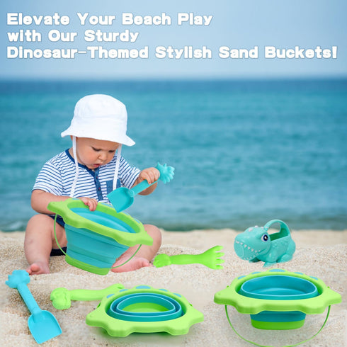 Beach Toys, Sand Box Toys for Kids Outdoor, 2.5L Silicone Collapsible Bucket, Dinosaur Watering Can, Shovels for Summer