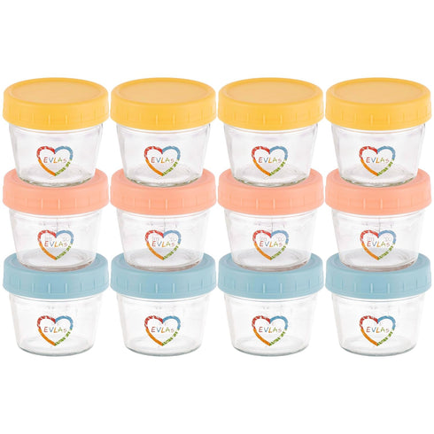 EVLA'S Baby Food Containers 12-Pack - 4 oz Glass Jars with Lids
