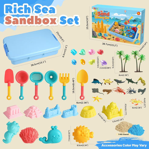 2.2lbs Sand,12 3 4 5 6 7 FRUSE Ocean Sensory Bin,Play Sand Art Kit with Play Sea Animal Toys,Sand Molds,Role Play Beach