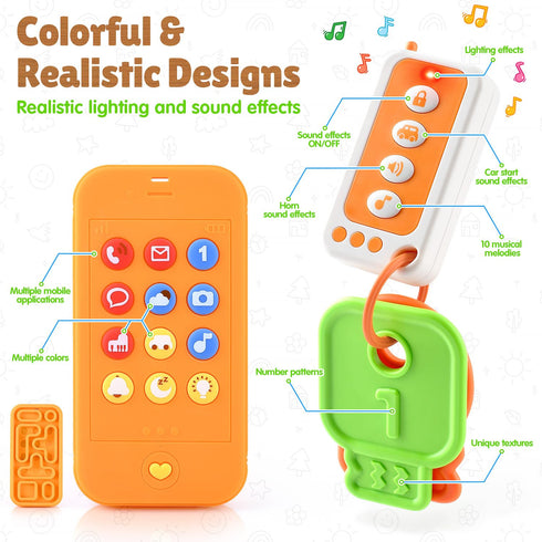 6+ Baby Remote Control Toy with Phone Teether & Teething Keys & Car Remote, Remote Teether for Baby with Realistic