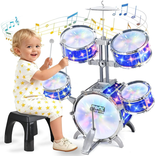 PaLeyFer Upgraded Kids Drum Set for Toddlers w/ Light (All Plastic), Musical Gifts