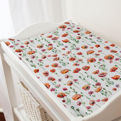 Watercolor Poppy Floral Changing Pad Covers, Red Poppy Flowers Sheets for Boys Girls, 32''x16''