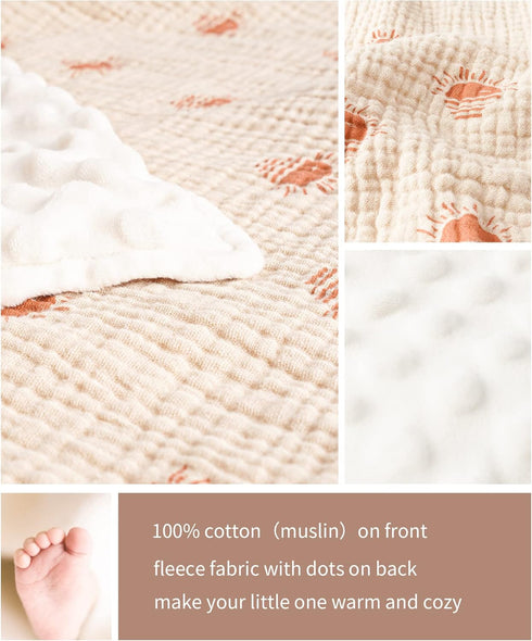 Konssy Baby Blankets for Unisex Boys Girls, Super Soft Nursery Minky Blankets with Muslin Cotton Front and Dotted Fleece Backing, Printed Bed Throws Newborn by Konssy