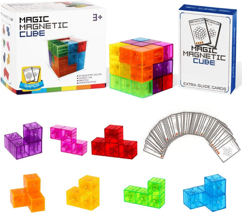 Magnetic Building Blocks, Magic Magnetic 3D Puzzle Cubes, Set of 7 Multi Shapes with 54 Guide Cards for Intelligence