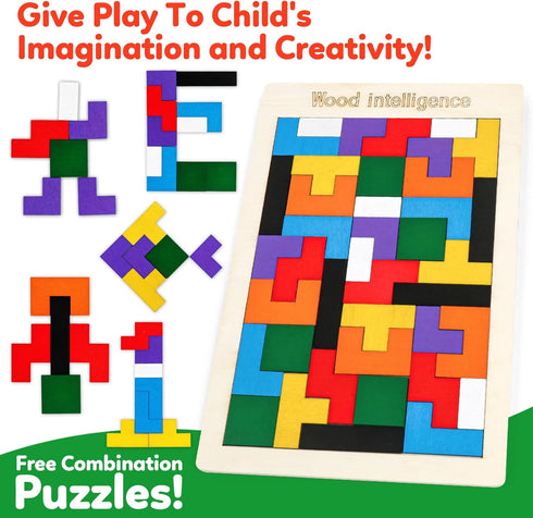 3+ (4 Pack) Wooden Puzzles,Geometric Shape Logic Hexagon Puzzle Toys Brain Teasers STEM Montessori Educatioanl IQ Board
