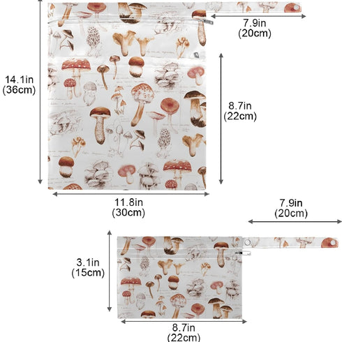 visesunny 2Pcs Hand Drawn Mushroom Wet Bag with Zippered Pockets Washable Reusable Roomy
