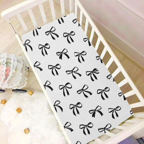 Vdsrup 52 28 9In Crib Sheets for Boys Girl Black Bows Breathable Mini Crib Mattress Sheets Fitted, Beige Toddler Fitted