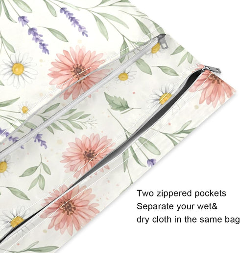 Burbuja 2 Pack, 2 Wildflowers Wet Dry Bags for Baby Cloth Diaper Waterproof Reusable Wet Bag with Zippered Pockets