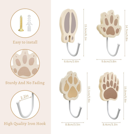 Thungeek Set Four-Piece of Wooden Animals Tracks Hooks for Kids - Fox, Deer, Bear, Hedgehog, Woodland Boy Nursery
