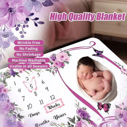 60x40 Inches), Milestone Blanket for Baby Girl (Purple with Photo Aid Frame, Saliva Towel, Erasable Writing Board, Hair