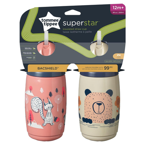 Tommee 9oz, 12 2 Count Tippee Insulated Straw Bottle, Spill Proof Toddler Water Bottle For Months+, Flip Lid Helps Keep