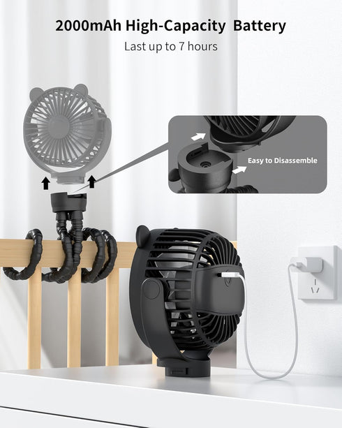 Rechargeable Baby Stroller Fan, Portable 2000 mAh Battery Operated, 3 Wind Speeds, 360-Degree Rotation, Ultra-Low Noise
