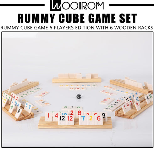 WOOIIROM Rummy 6 6 160 Rummy Rummy Set Cube Game Players Edition with Wooden Racks, Numbers Tiles, Premium Waterproof