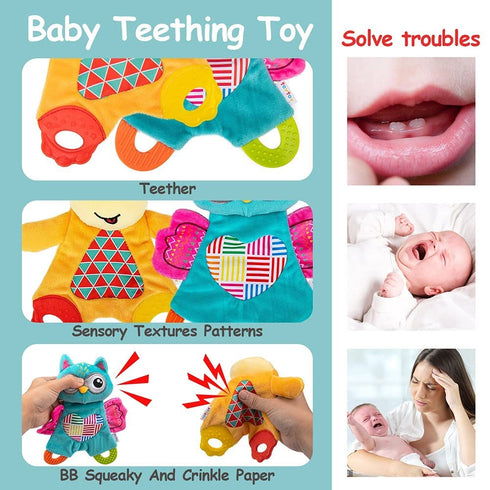 teytoy 2 Pcs Crinkle Toys for Baby with Teether, Soft Snuggle Sleeping Security Blanket for Unisex Babies