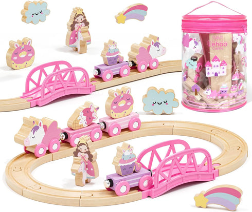 Lehoo Castle Wooden Train Set for Girls, Unicorn Train Set for Toddlers