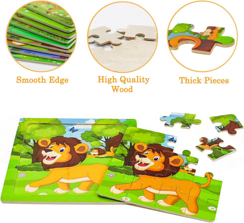 16 Piece Colorful Wooden Puzzles for Kids Ages 3-5, Educational Toys for Boys and Girls (9 Puzzles)