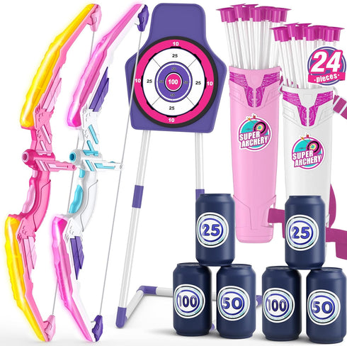 2 Pack Bow and Arrow for Kids, LED Light Up Archery Set with 24 Suction Cup Arrows and Standing Target
