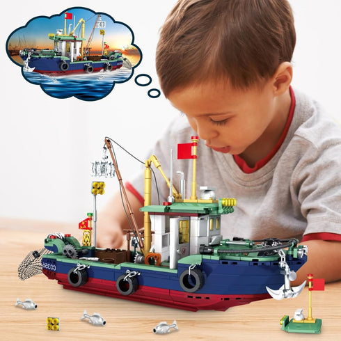 Fishing Boat Building Blocks Sets, 582 PCS City Marine Theme Model Kit for Ocean Exploration and Sea Fishing Lovers