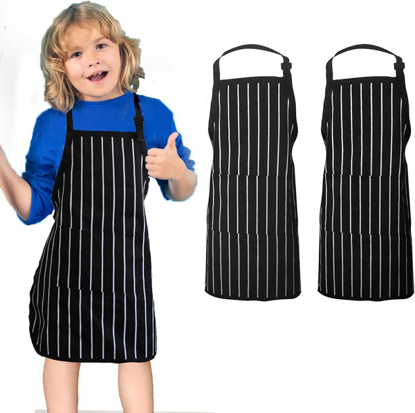 Kids Apron 2 Pack, Adjustable Strap with Pockets for Cooking, Art, Baking, Black Stripes