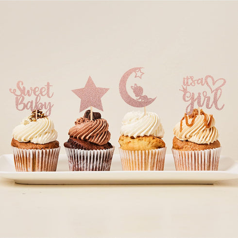 36 PCS Baby Shower Girl Cupcake Toppers, Moon Glitter Star It's a Girl Sweet Baby Gender Reveal Picks, Rose Gold